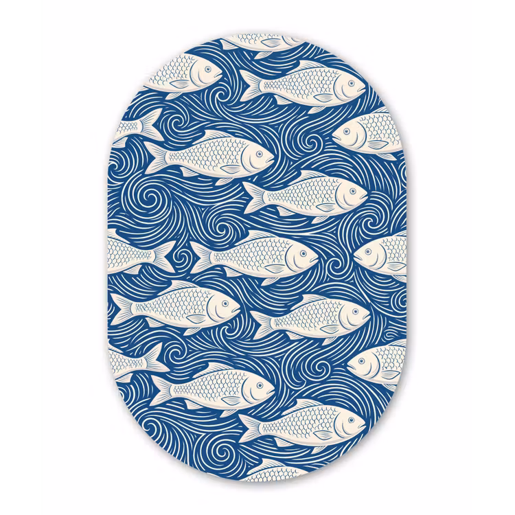 Vis - Water - Patroon - Grafisch - Blauw Wandcirkel Ovaal Aluminium middel -3d