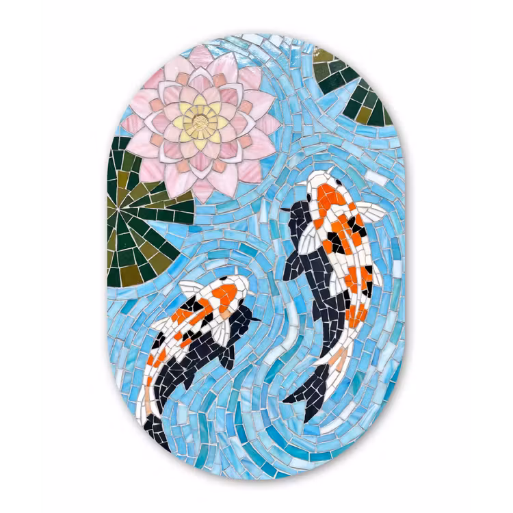 Vis - Water - Natuur - Mozaïek - Blauw Wandcirkel Ovaal Aluminium middel -3d