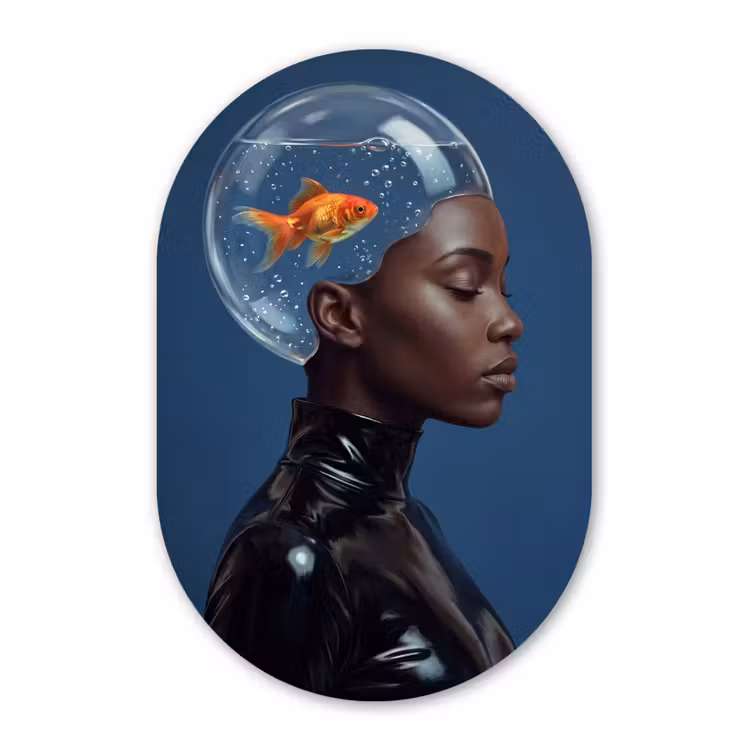 Vrouw - Goudvis - Hoofd - Abstract - Blauw Wandcirkel Ovaal Aluminium middel -3d