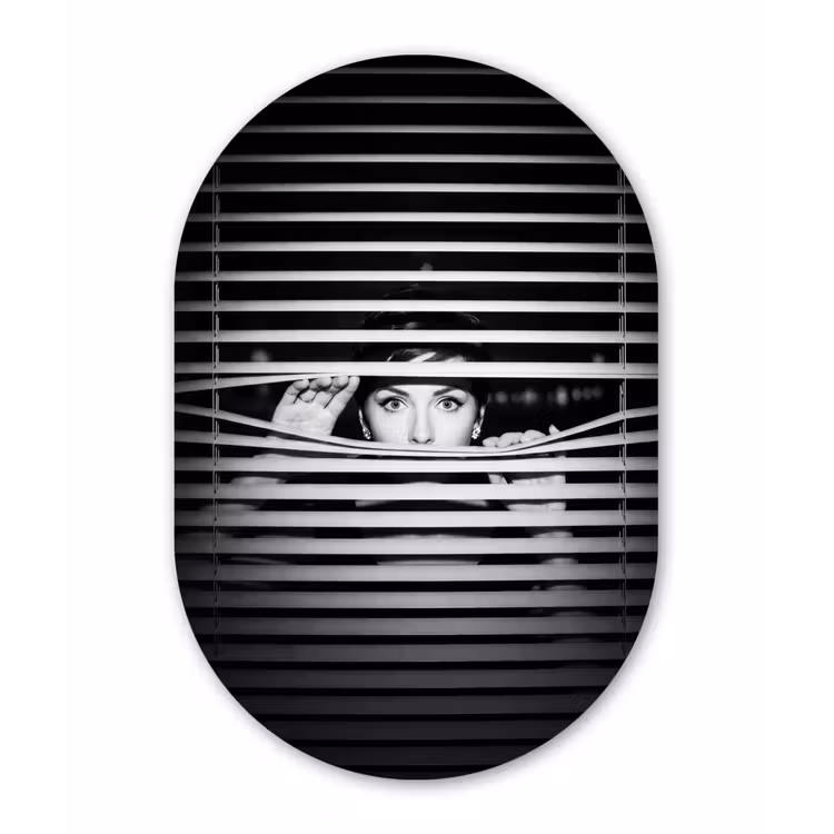 Vrouw - Jaloezieën - Portret - Zwart-wit Wandcirkel Ovaal Aluminium middel -3d