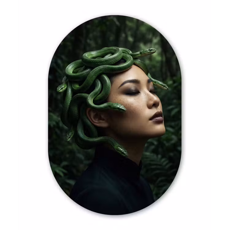 Vrouw - Slang - Natuur - Mystiek - Groen Wandcirkel Ovaal Aluminium middel -3d