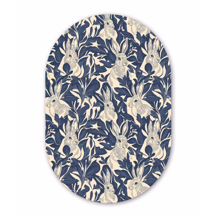 Hazen - Bladeren - Patroon - Blauw - Beige Wandcirkel Ovaal Aluminium middel 839 -3d