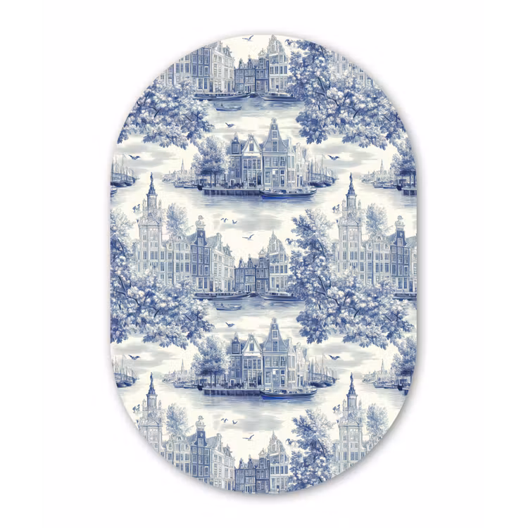 Huizen - Bomen - Water - Vogels - Blauw Wandcirkel Ovaal Aluminium middel 839 -3d