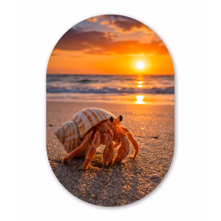 Kreeft - Strand - Natuur - Zonsondergang - Oranje Wandcirkel Ovaal Aluminium middel -3d