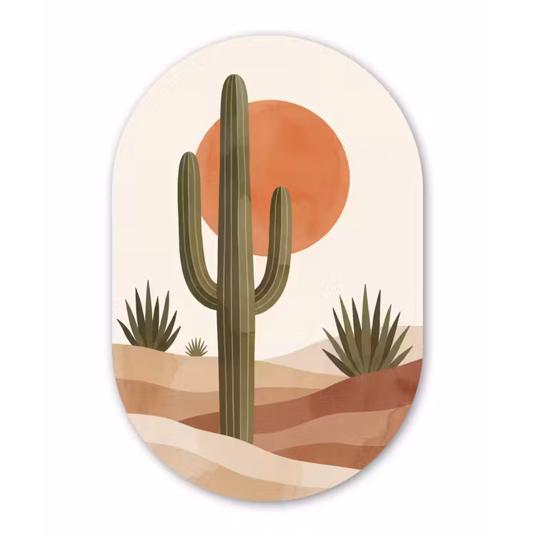 Cactus - Duinen - Modern - Landschap - Groen Wandcirkel Ovaal Aluminium middel -3d