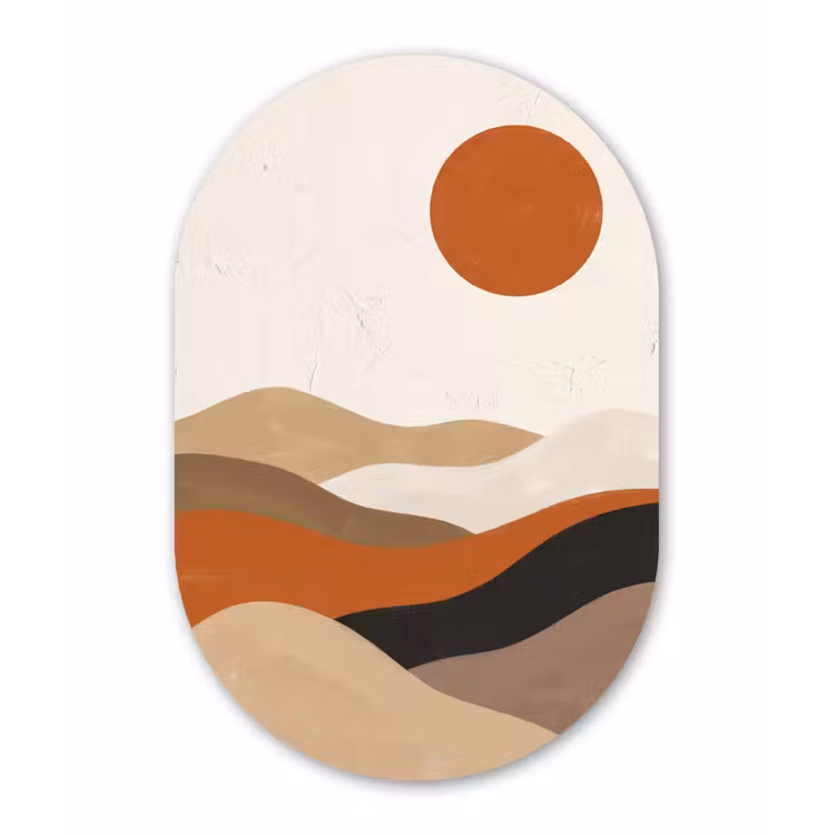Landschap - Heuvels - Zon - Abstract - Oranje Wandcirkel Ovaal Aluminium middel -3d