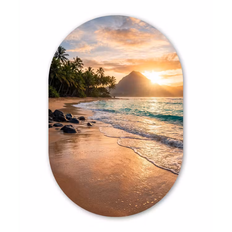 Zee - Berg - Landschap - Tropisch - Goud Wandcirkel Ovaal Aluminium middel -3d