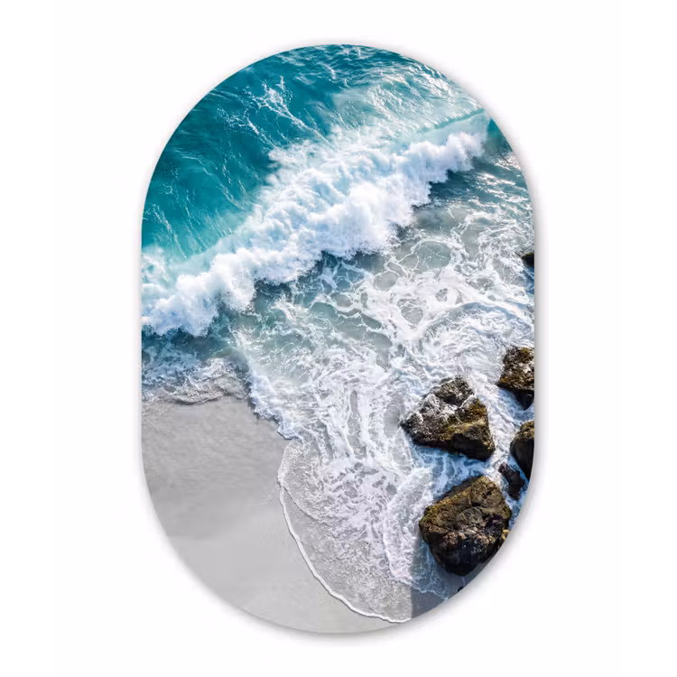Zee - Golf - Strand - Natuur - Blauw Wandcirkel Ovaal Aluminium middel -3d