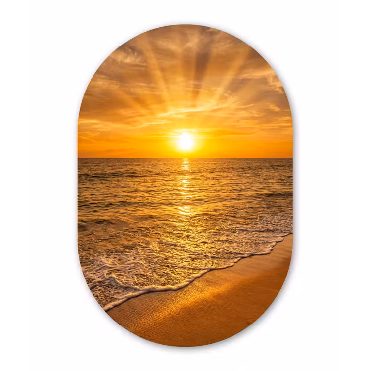 Zee - Zonsondergang - Golven - Kust - Oranje Wandcirkel Ovaal Aluminium middel -3d