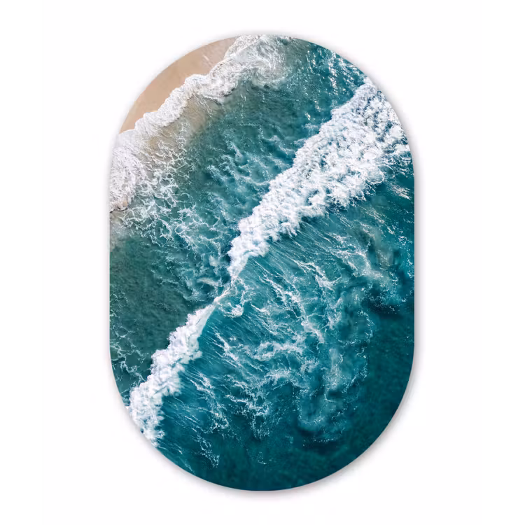 Zee - Strand - Golven - Natuur - Blauw Wandcirkel Ovaal Aluminium middel -3d