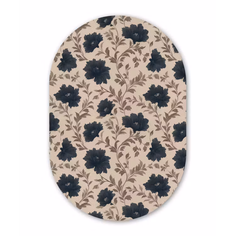 Motief - Bloemen - Zwart - Beige Wandcirkel Ovaal Aluminium middel 839 -3d