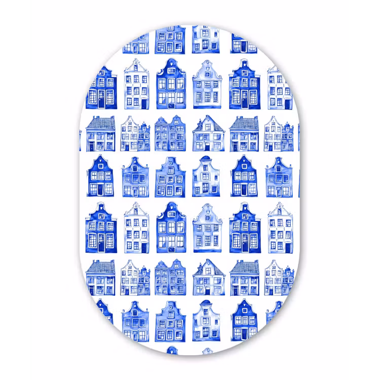 Patroon - Huizen - Blauw Wandcirkel Ovaal Aluminium middel 839 -3d