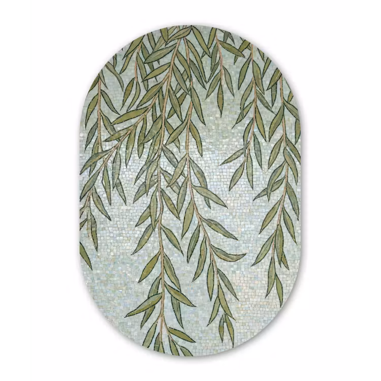 Planten - Mozaïek - Patroon - Groen - Blauw Wandcirkel Ovaal Aluminium middel -3d