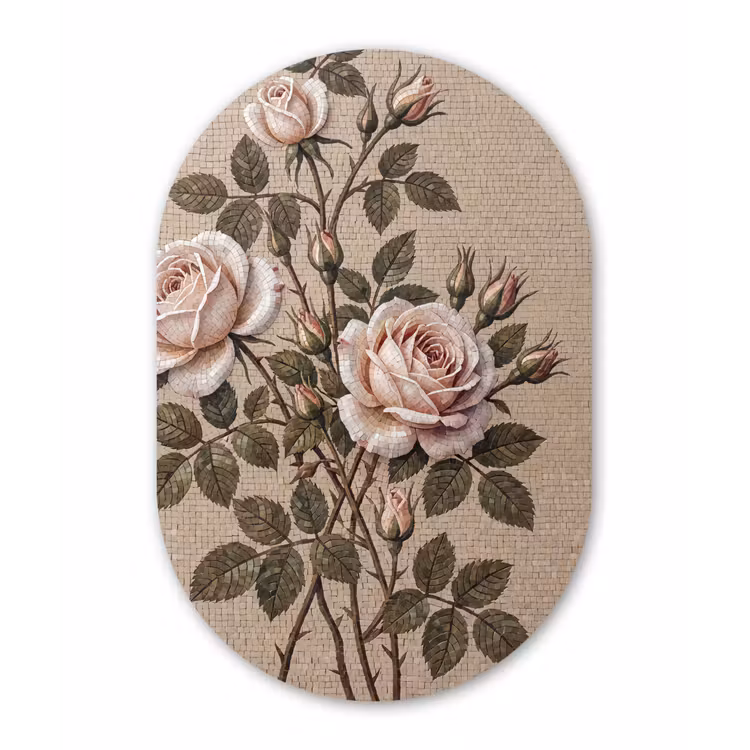 Roos - Mozaïek - Bloemen - Klassiek - Beige Wandcirkel Ovaal Aluminium middel -3d