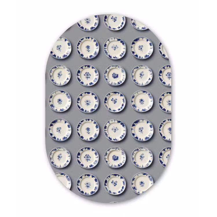 Borden - Bloemen - Blauw - Wit Wandcirkel Ovaal Aluminium middel 839 -3d