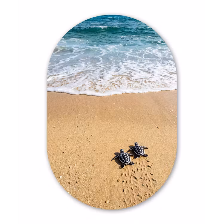 Schildpad - Jong - Strand - Oceaan - Blauw Wandcirkel Ovaal Aluminium middel -3d
