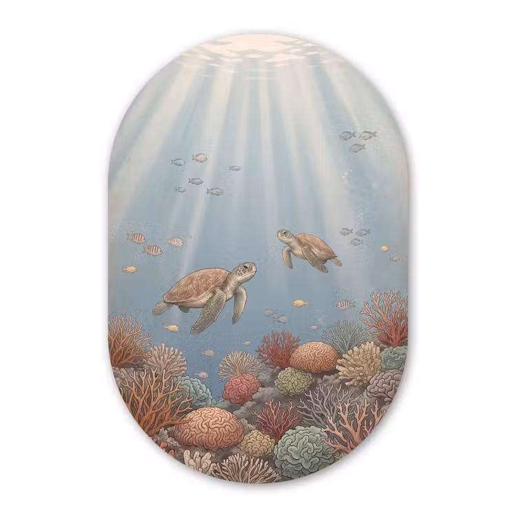 Schildpad - Onderwater - Natuur - Illustratie Wandcirkel Ovaal Aluminium middel -3d