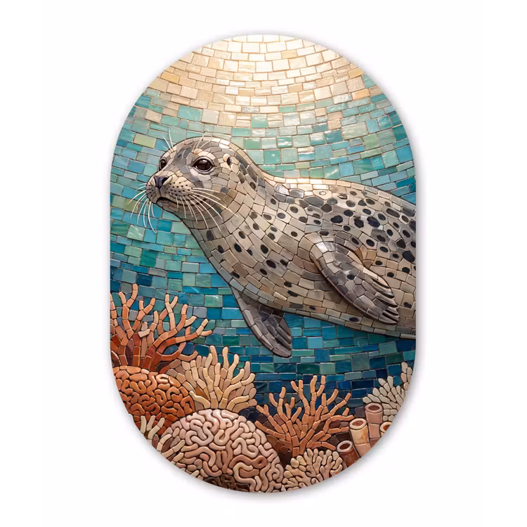 Zeehond - Mozaïek - Onderwater - Dieren - Blauw Wandcirkel Ovaal Aluminium middel -3d