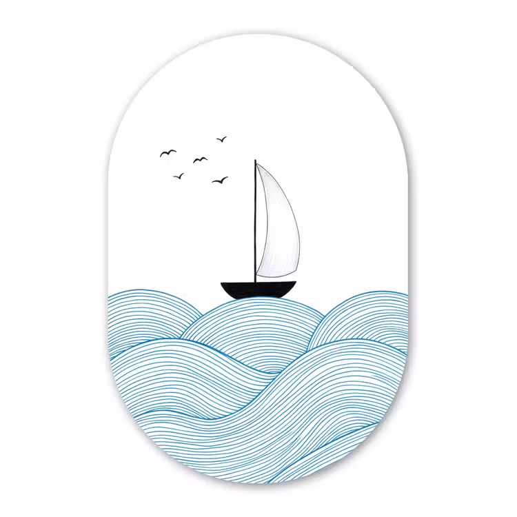 Zeilboot - Golven - Zee - Illustratie - Blauw Wandcirkel Ovaal Aluminium middel -3d