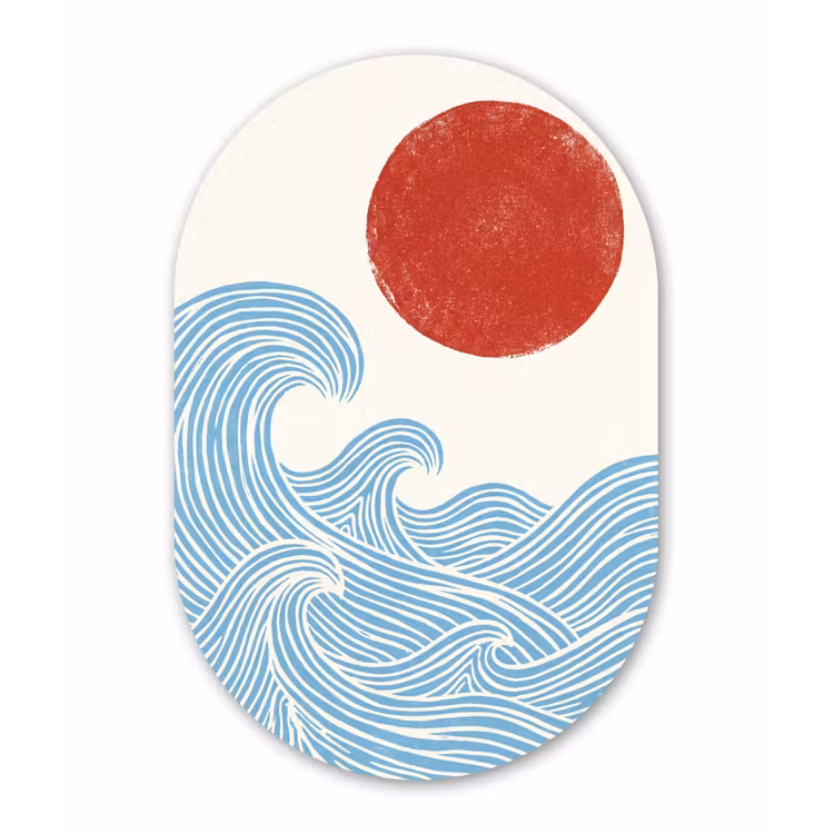 Zon - Golven - Oceaan - Abstract - Rood Wandcirkel Ovaal Aluminium middel -3d