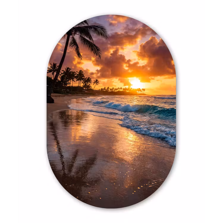 Strand - Zonsopgang - Tropisch - Natuur - Oranje Wandcirkel Ovaal Aluminium middel -3d