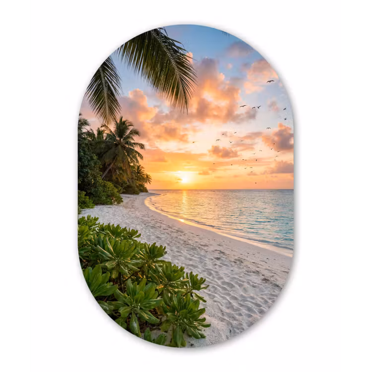 Strand - Zonsondergang - Palmbomen - Tropisch - Natuur Wandcirkel Ovaal Aluminium middel -3d