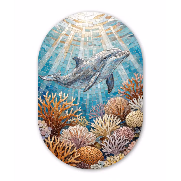 Dieren - Mozaïek - Oceaan - Koraal - Blauw Wandcirkel Ovaal Aluminium middel -3d
