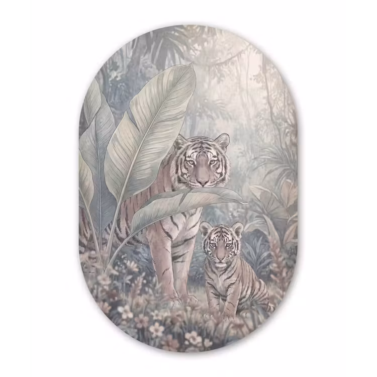 Tijger - Welp - Jungle - Illustratie - Dieren Wandcirkel Ovaal Aluminium middel -3d