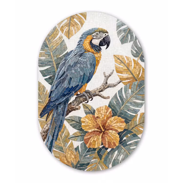 Vogel - Tak - Natuur - Mozaïek - Blauw Wandcirkel Ovaal Aluminium middel -3d