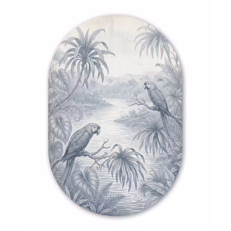 Vogel - Rivier - Tropisch - Illustratie - Blauw Wandcirkel Ovaal Aluminium middel -3d