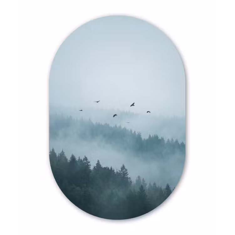 Bos - Mist - Vogels - Natuur - Groen Wandcirkel Ovaal Aluminium middel -3d