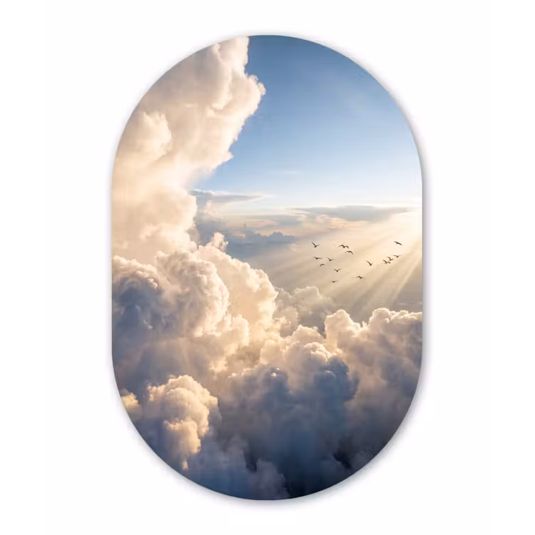 Wolken - Zonnestralen - Natuur - Wit Wandcirkel Ovaal Aluminium middel -3d