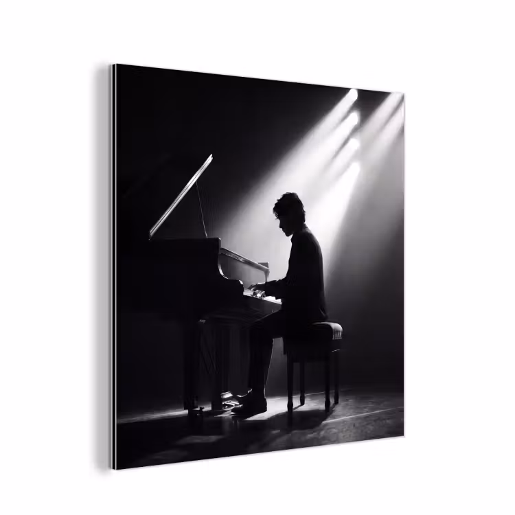 Persoon - Piano - Muziek - Zwart-wit - Podium aluminium wit klein -3d