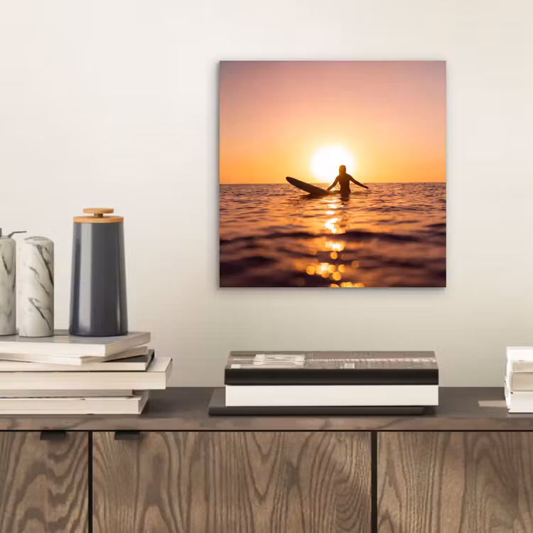 Persoon - Surfen - Zonsondergang - Zee - Oranje aluminium wit klein -sfeer1