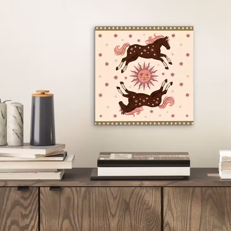 Paard - Zon - Mystiek - Illustratie - Roze aluminium wit klein -sfeer1