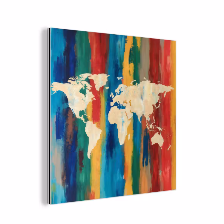 Penseelstrepen - Verticaal - Kleurrijk - Wereldkaart aluminium wit klein -3d