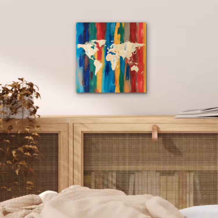 Penseelstrepen - Verticaal - Kleurrijk - Wereldkaart aluminium wit klein -sfeer3