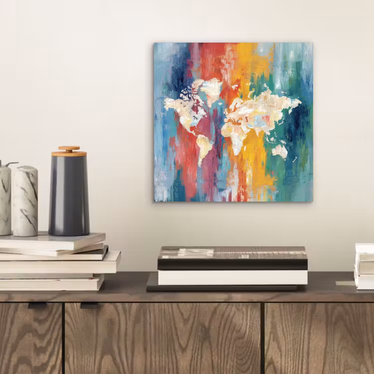 Penseelstreken - Kleurrijk - Schilderij - Wereldkaart aluminium wit klein -sfeer1
