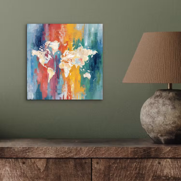 Penseelstreken - Kleurrijk - Schilderij - Wereldkaart aluminium wit klein -sfeer2