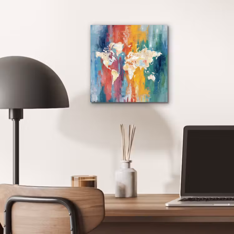 Penseelstreken - Kleurrijk - Schilderij - Wereldkaart aluminium wit klein -sfeer5