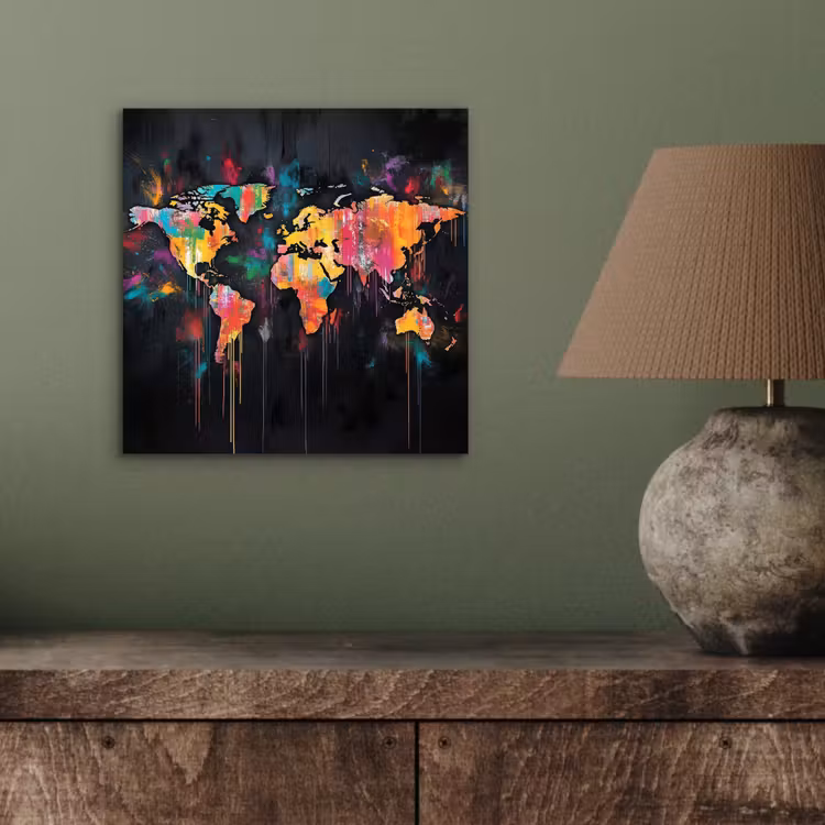 Penseelstreken - Artistiek - Wereldkaart - Kleurrijk aluminium wit klein -sfeer2