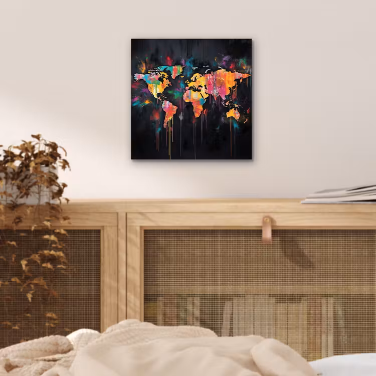 Penseelstreken - Artistiek - Wereldkaart - Kleurrijk aluminium wit klein -sfeer3