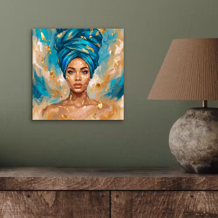 Portret - Vrouw - Schilderij - Blauw - Goud - Expressief aluminium wit klein -sfeer2