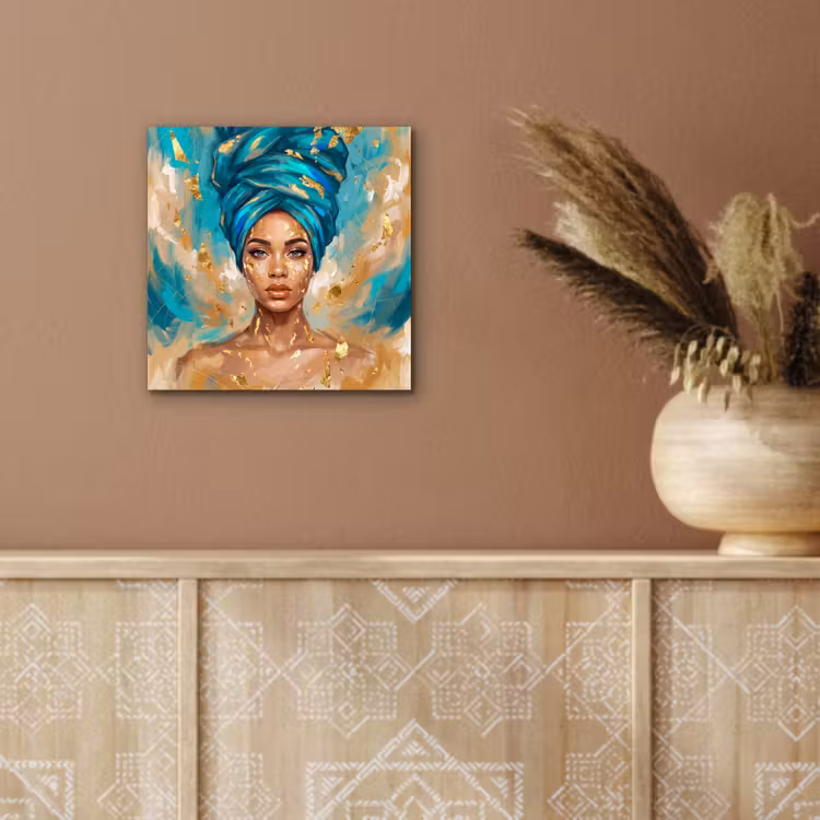 Portret - Vrouw - Schilderij - Blauw - Goud - Expressief aluminium wit klein -sfeer4
