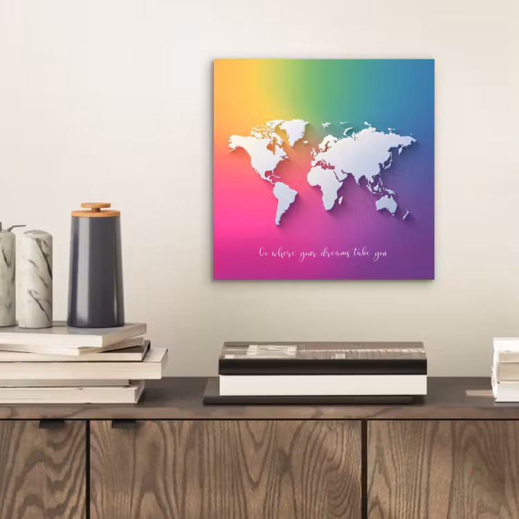 Regenboog - Quote - Wereldkaart - Dream aluminium wit klein -sfeer1