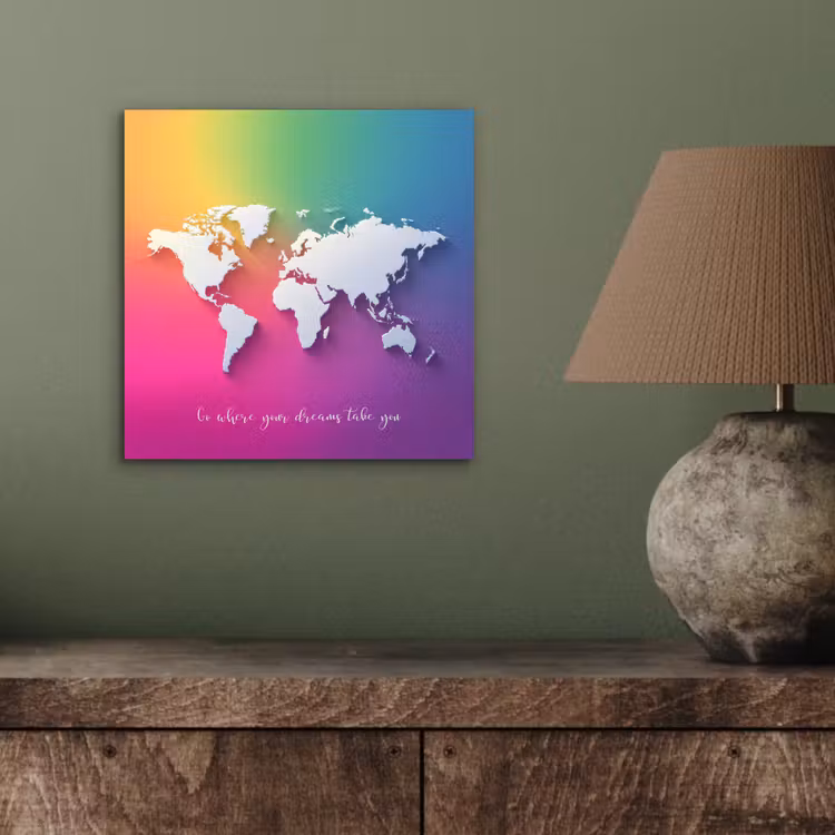 Regenboog - Quote - Wereldkaart - Dream aluminium wit klein -sfeer2