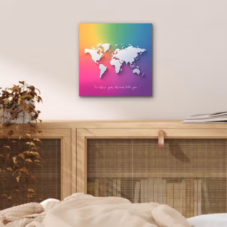 Regenboog - Quote - Wereldkaart - Dream aluminium wit klein -sfeer3