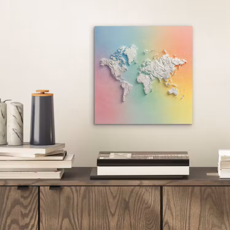 Regenboogkleuren - Wereldkaart - Zacht - Continenten aluminium wit klein -sfeer1