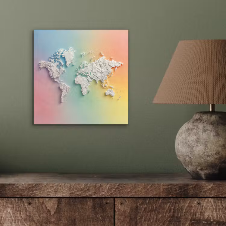 Regenboogkleuren - Wereldkaart - Zacht - Continenten aluminium wit klein -sfeer2