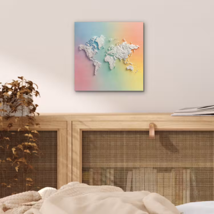 Regenboogkleuren - Wereldkaart - Zacht - Continenten aluminium wit klein -sfeer3